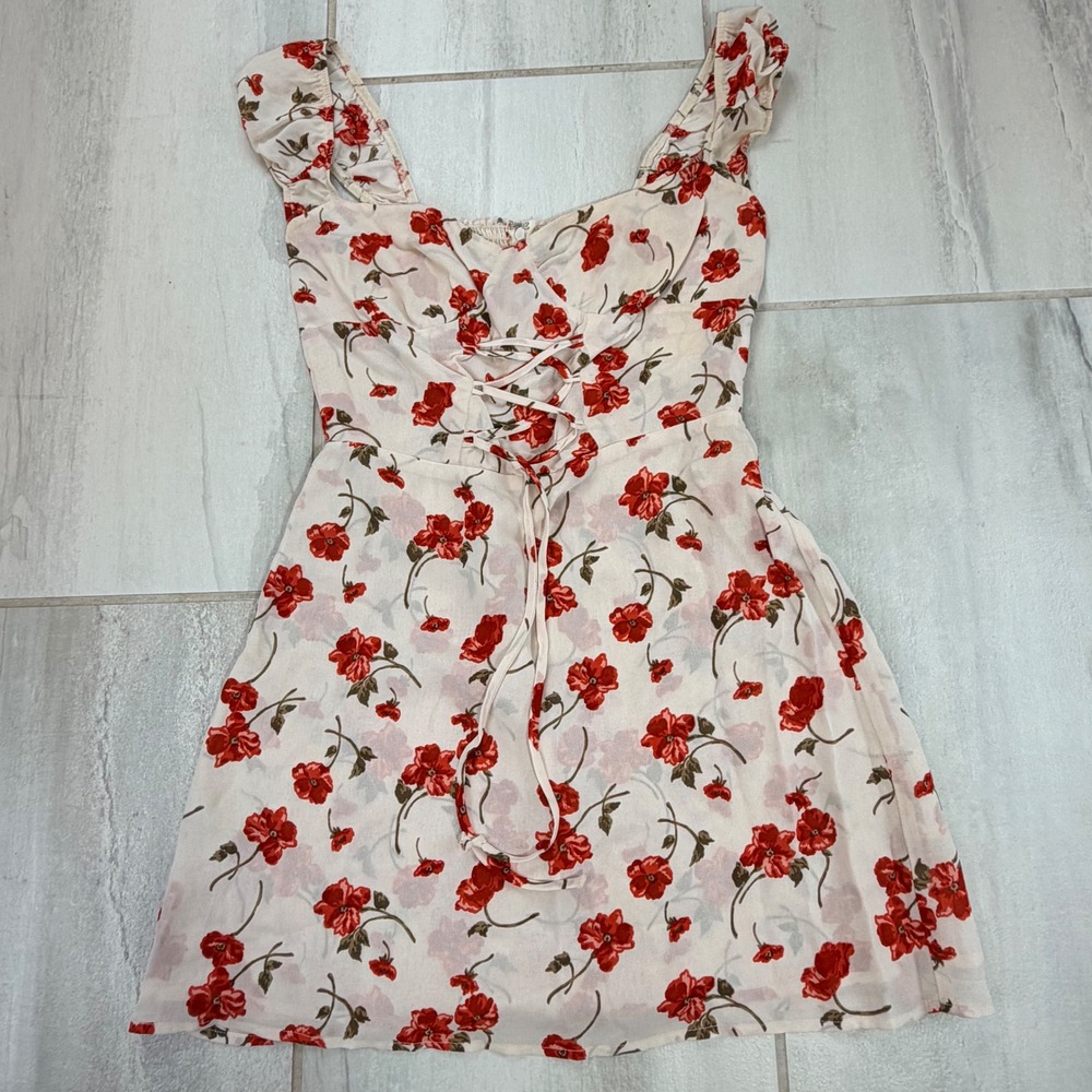 Reformation Cream Red Floral Lace Up Ruffle Mini Dress Size 4 Smocked Back